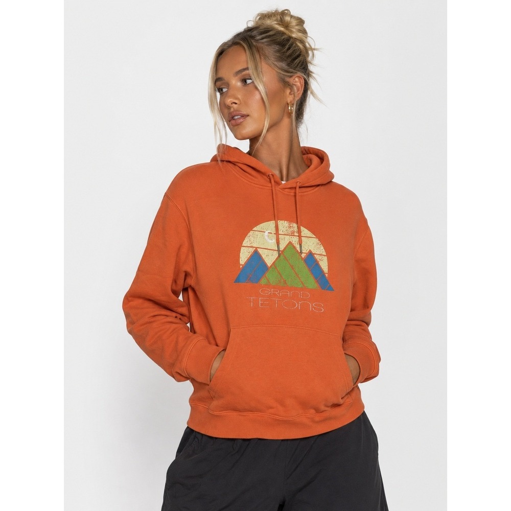 Zyia Active Orange Tetons Pocket Hoodie Graphic Pullover M NWT